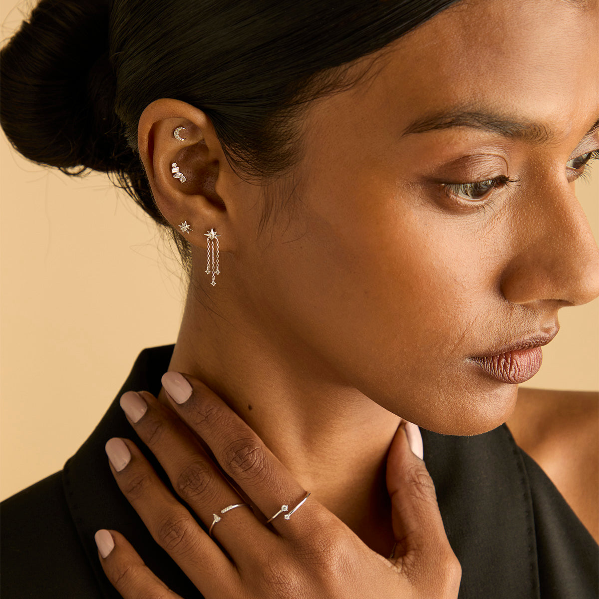 Earrings - Shooting Star Chain Drop Studs in Solid White Gold - Stud Earrings - Astrid & Miyu