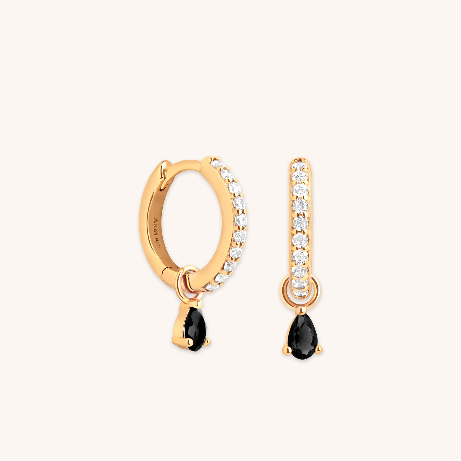 Black Pear Charm Huggies in Gold