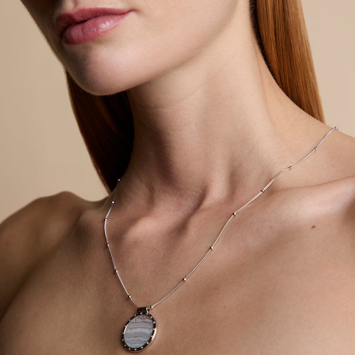 Blue Lace Agate Pendant Necklace in Silver-Astrid & Miyu