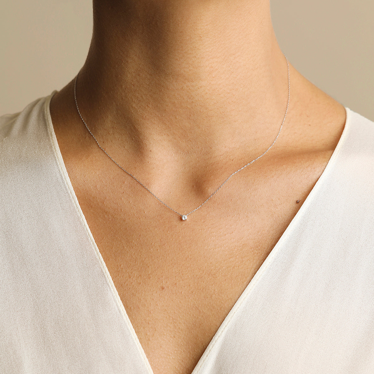 Diamond Solitaire Pendant Necklace in Solid White Gold-Astrid & Miyu
