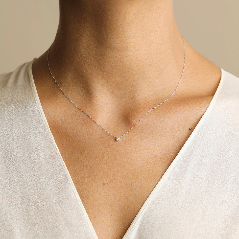 Diamond Solitaire Pendant Necklace in Solid White Gold-Astrid & Miyu