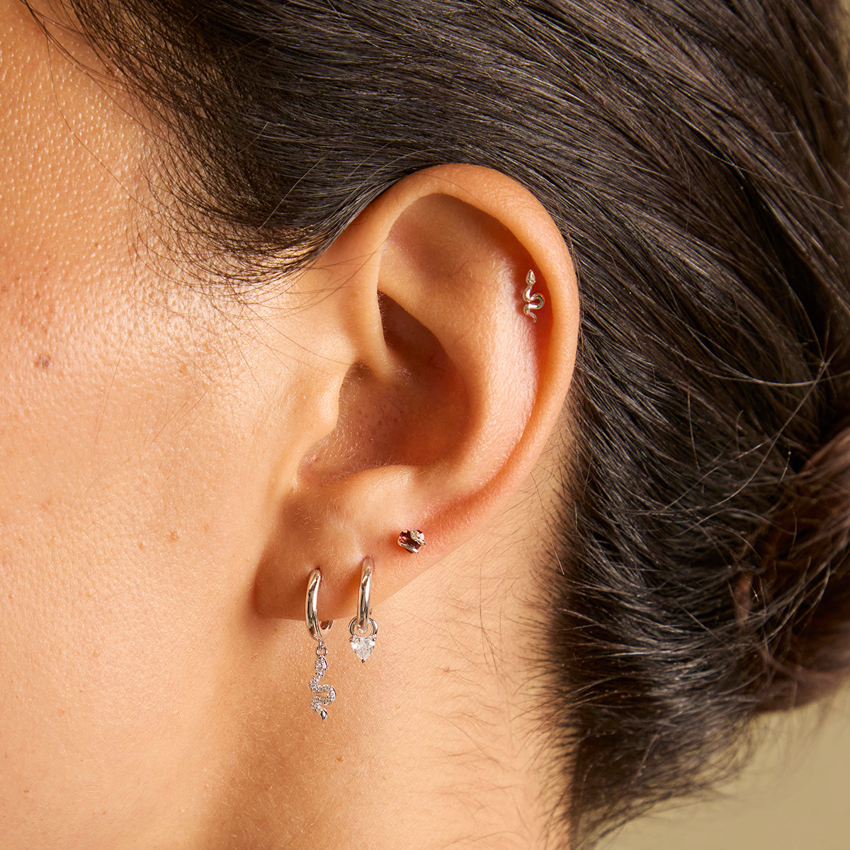 Eternity Collection - Garnet Heart & Snake Piercing Stud in Solid White Gold - Piercing Stud - Astrid & Miyu