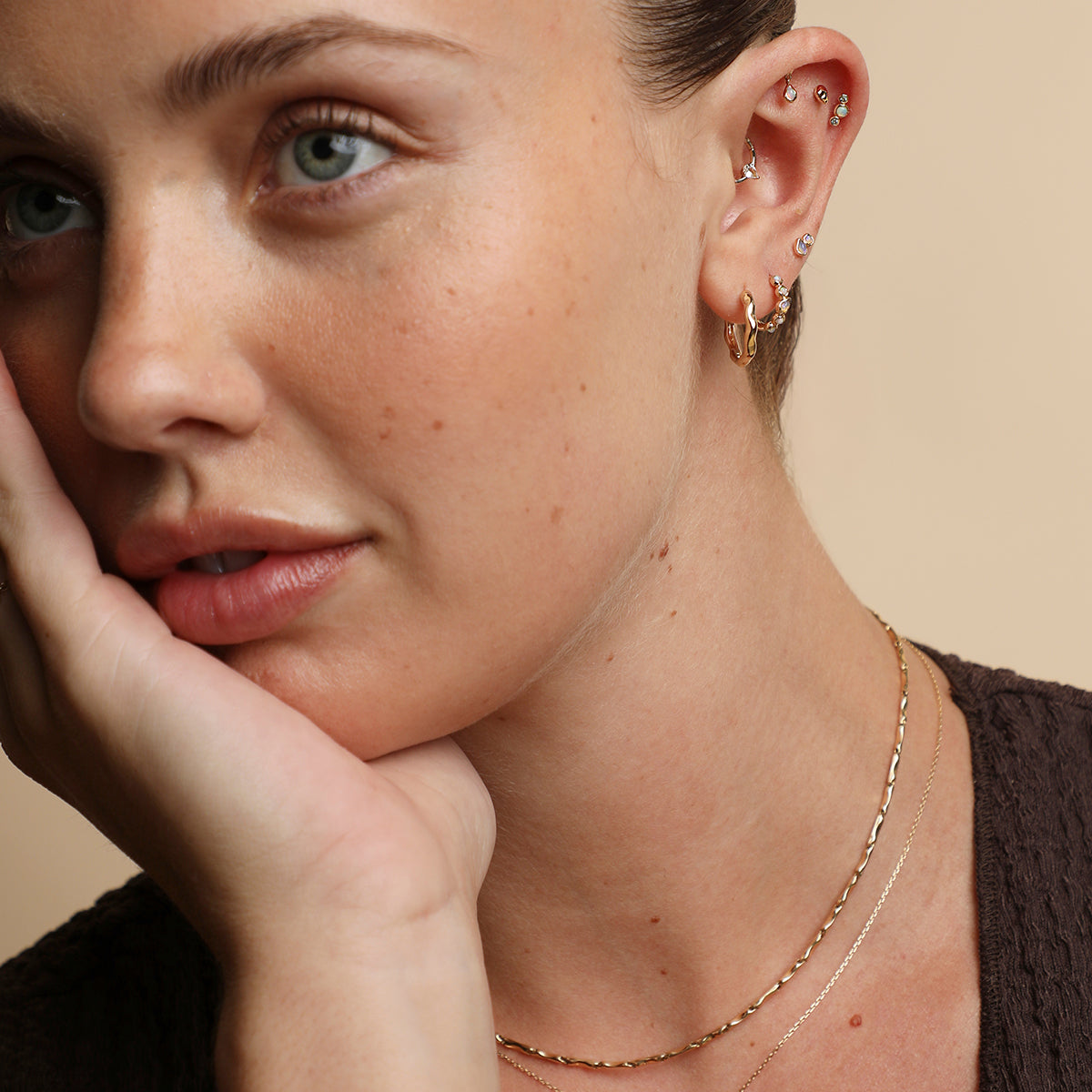 White Topaz Pear Daith Hoop in Solid Gold-Astrid & Miyu