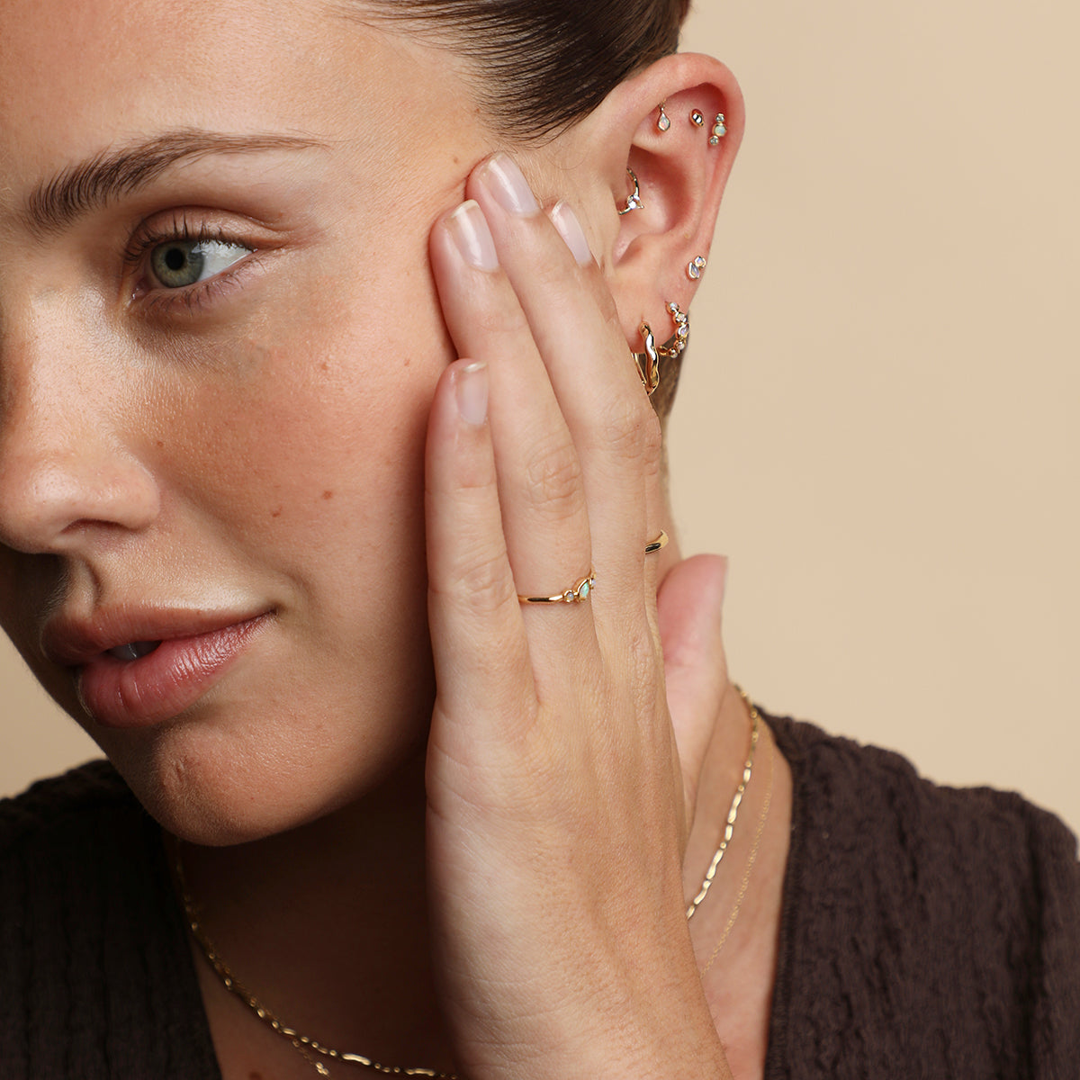 White Topaz Pear Daith Hoop in Solid Gold-Astrid & Miyu