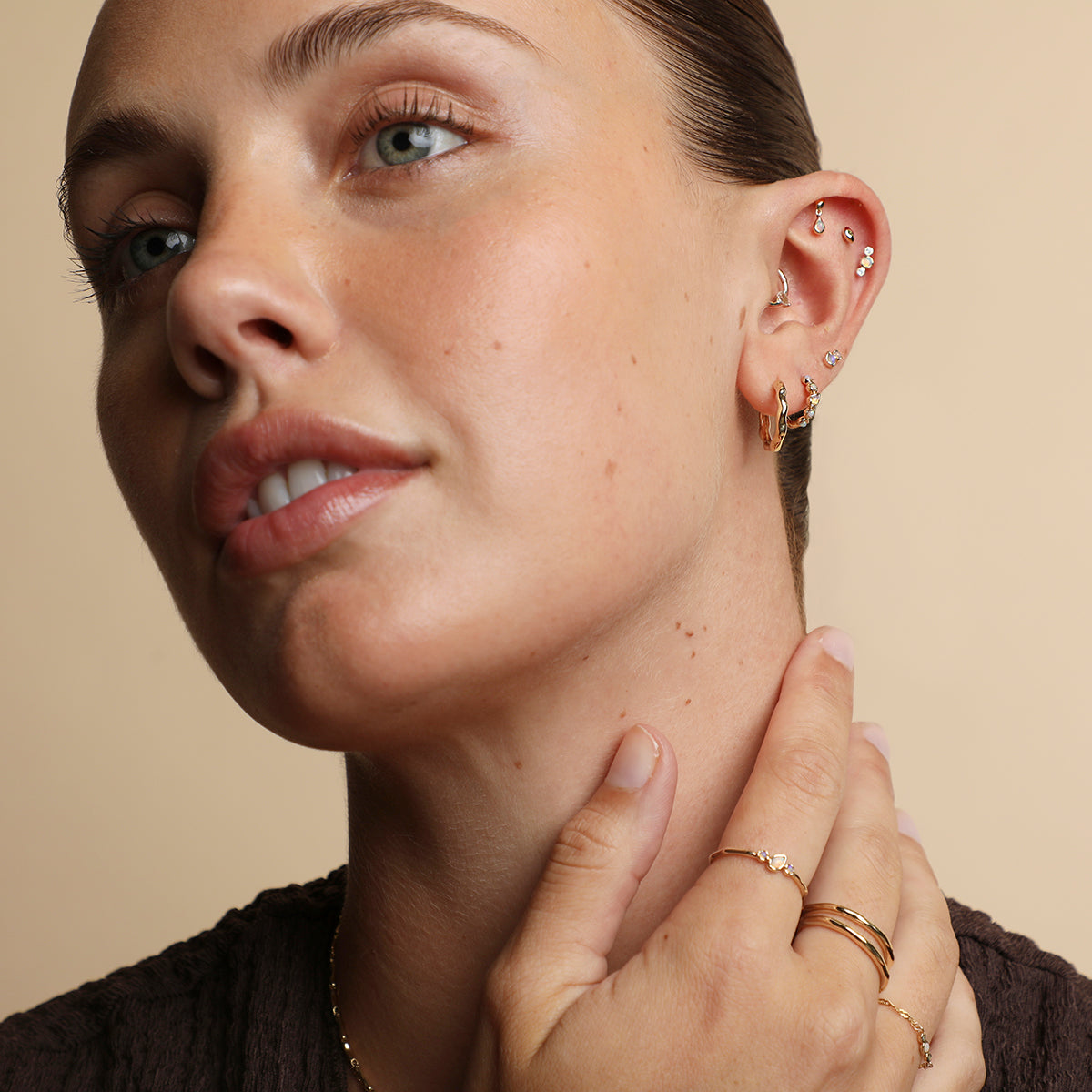White Topaz Pear Daith Hoop in Solid Gold-Astrid & Miyu