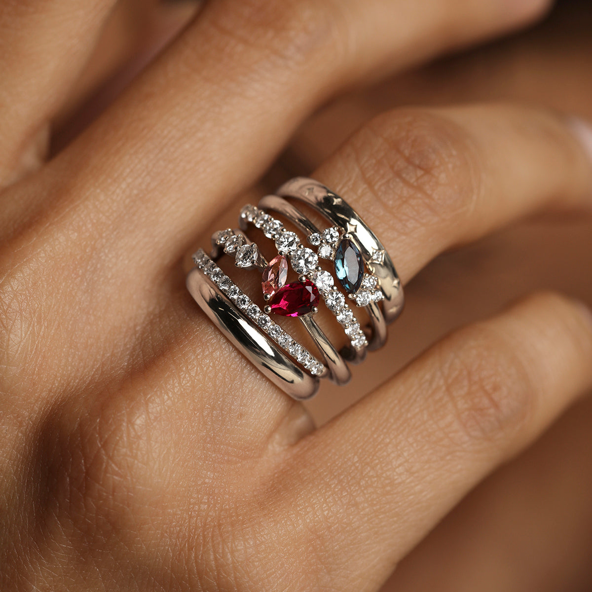 Alexandrite Cluster Milestone Ring in Solid White Gold-Astrid & Miyu