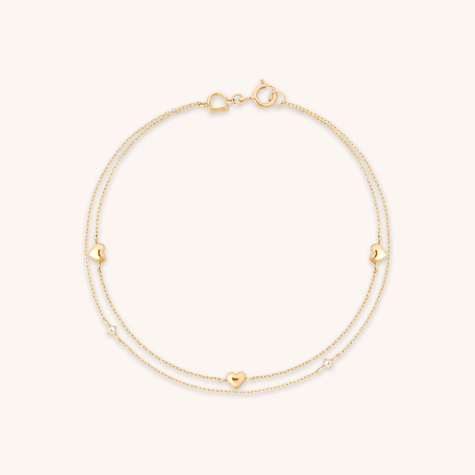 Bracelets - Heart Charm Double Chain Bracelet in Solid Gold - Charm Bracelets - Astrid & Miyu
