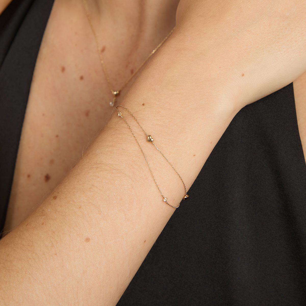 Bracelets - Heart Charm Double Chain Bracelet in Solid Gold - Charm Bracelets - Astrid & Miyu