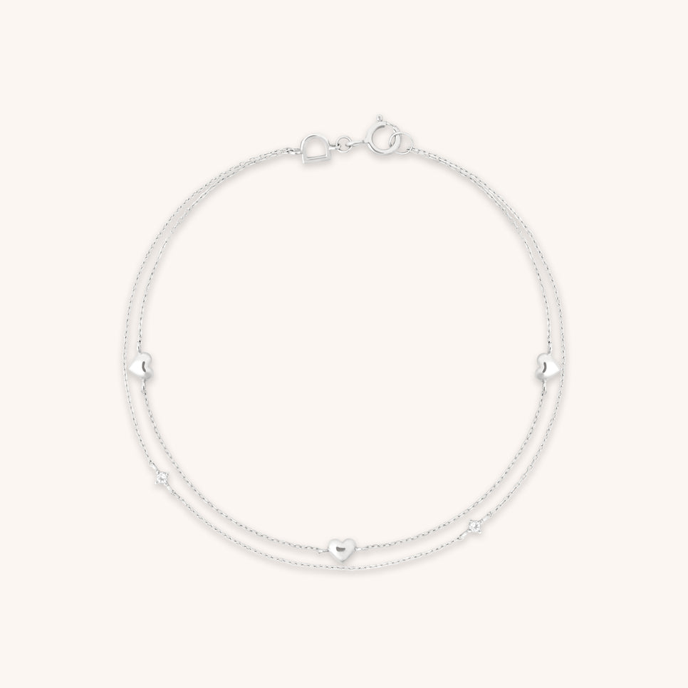 Bracelets - Heart Charm Double Chain Bracelet in Solid White Gold - Charm Bracelets - Astrid & Miyu