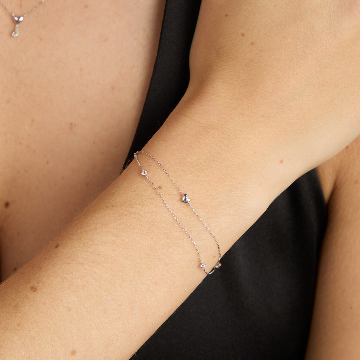 Bracelets - Heart Charm Double Chain Bracelet in Solid White Gold - Charm Bracelets - Astrid & Miyu