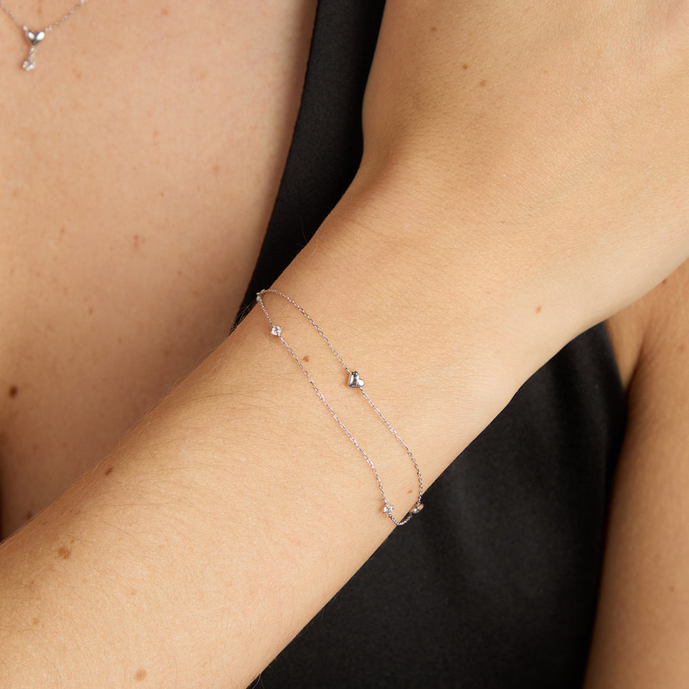 Bracelets - Heart Charm Double Chain Bracelet in Solid White Gold - Charm Bracelets - Astrid & Miyu