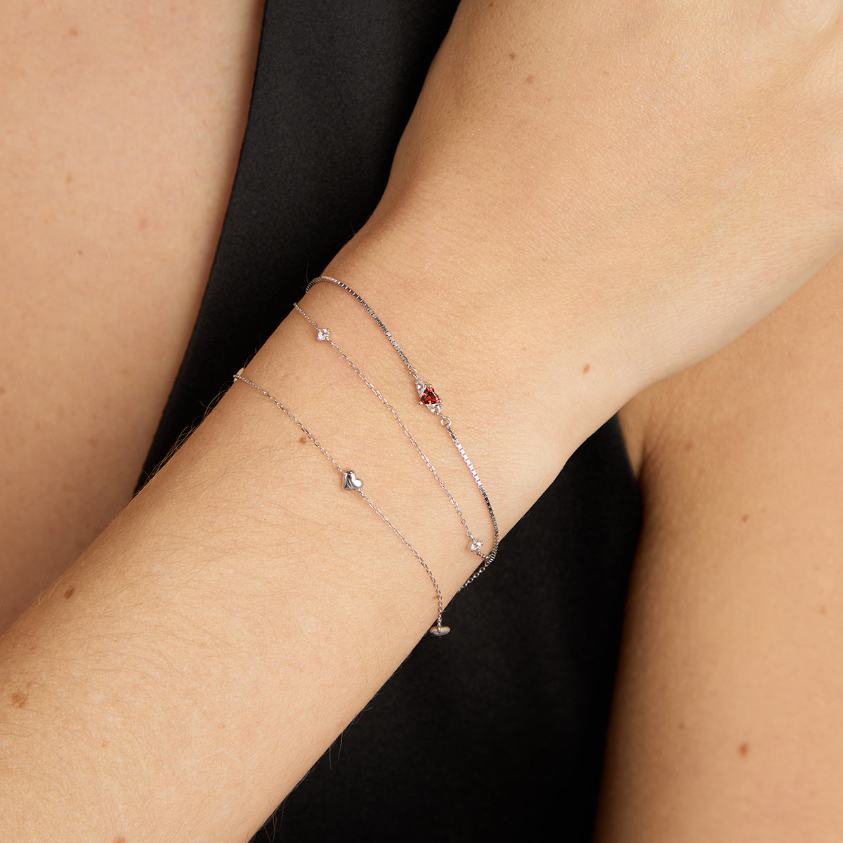 Bracelets - Heart Charm Double Chain Bracelet in Solid White Gold - Charm Bracelets - Astrid & Miyu