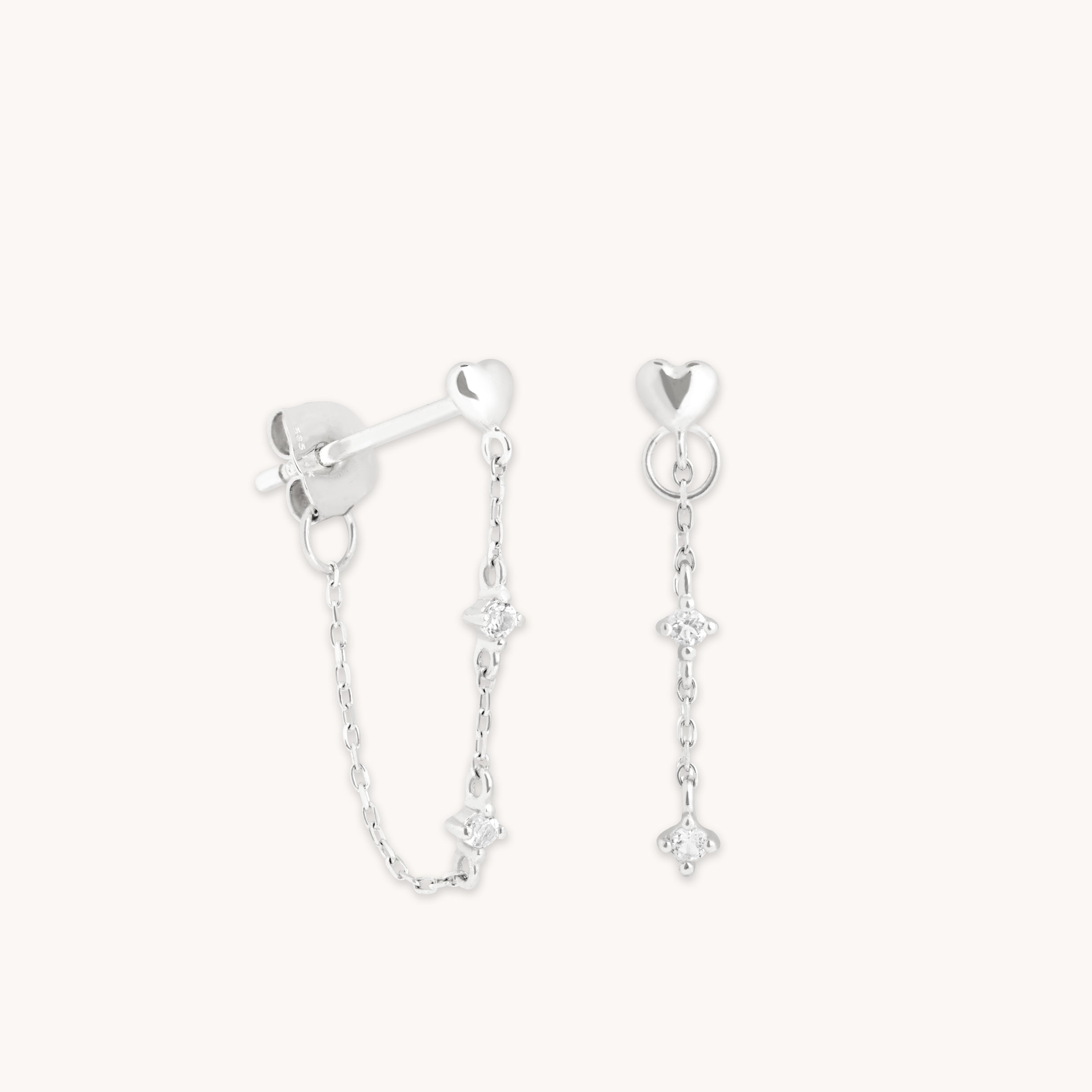 Earrings - Heart Topaz Chain Studs in Solid White Gold - Stud Earrings - Astrid & Miyu