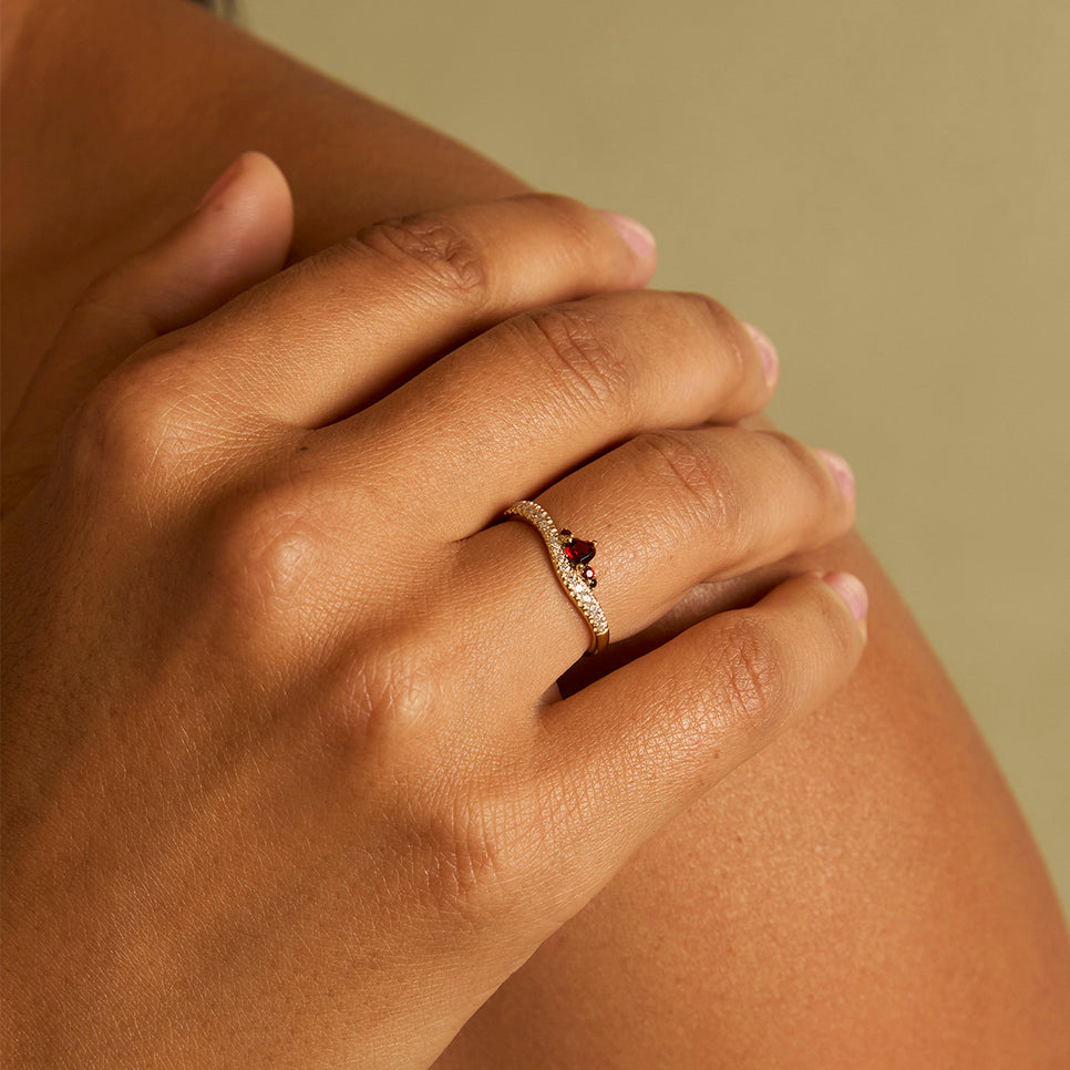 18k Gold Plated Jewellery - Garnet Serpent Wave Ring in Gold - Band Rings - Astrid & Miyu