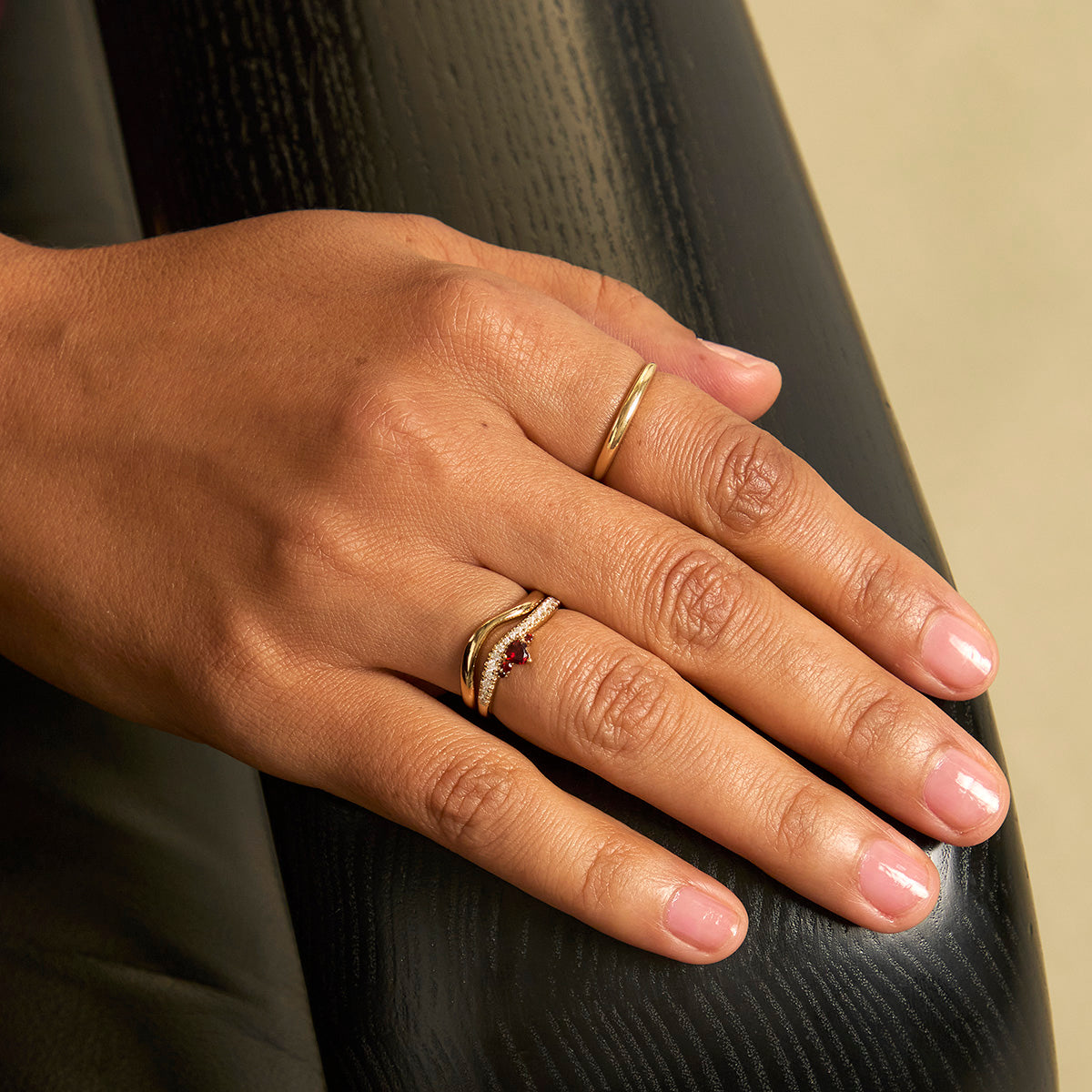 18k Gold Plated Jewellery - Garnet Serpent Wave Ring in Gold - Band Rings - Astrid & Miyu