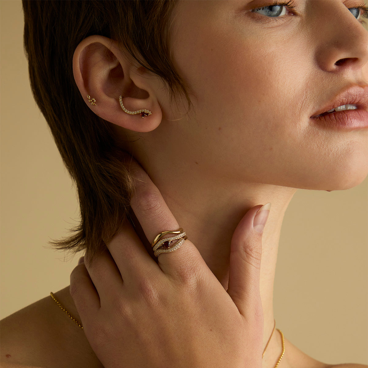 18k Gold Plated Jewellery - Garnet Serpent Wave Ring in Gold - Band Rings - Astrid & Miyu