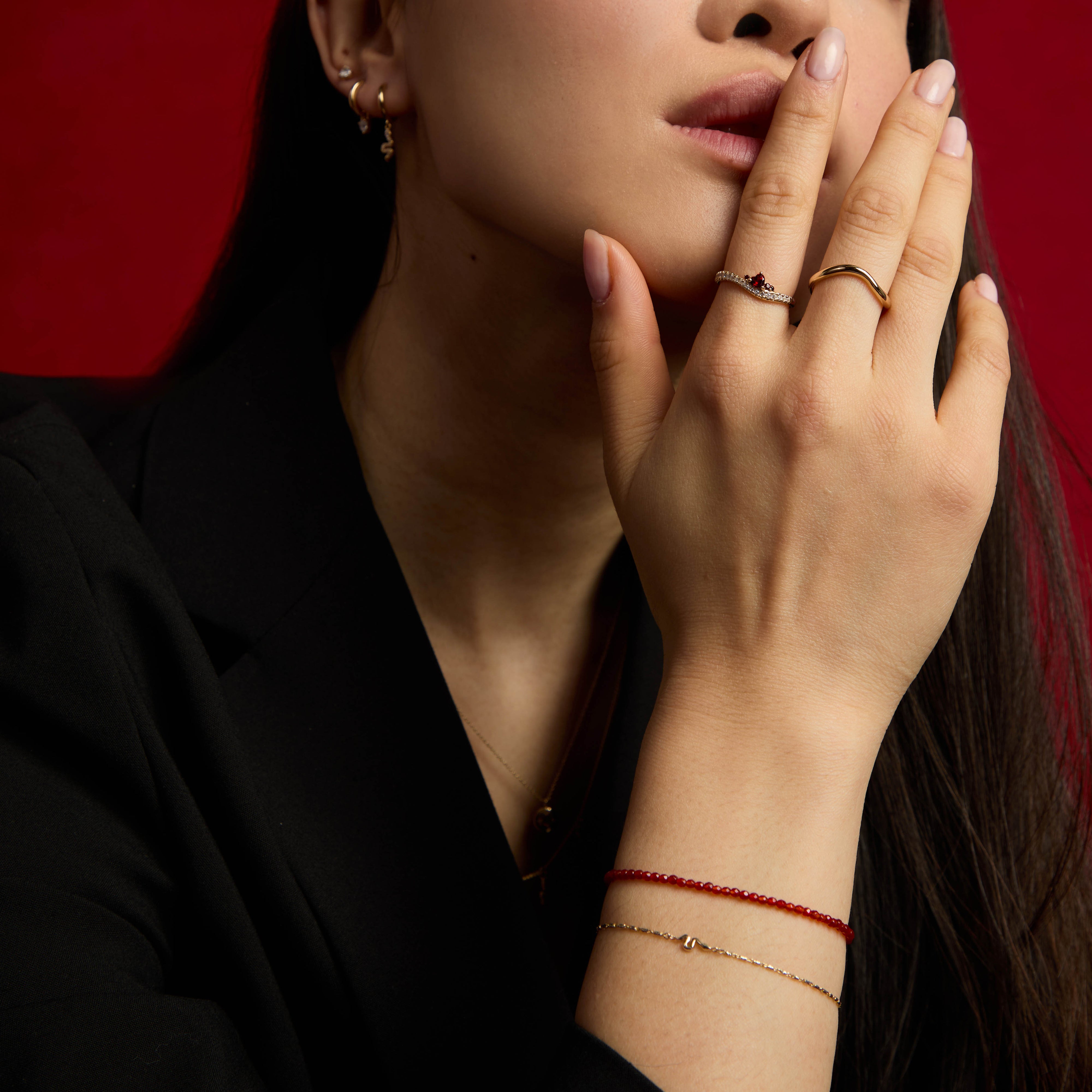 18k Gold Plated Jewellery - Garnet Serpent Wave Ring in Gold - Band Rings - Astrid & Miyu