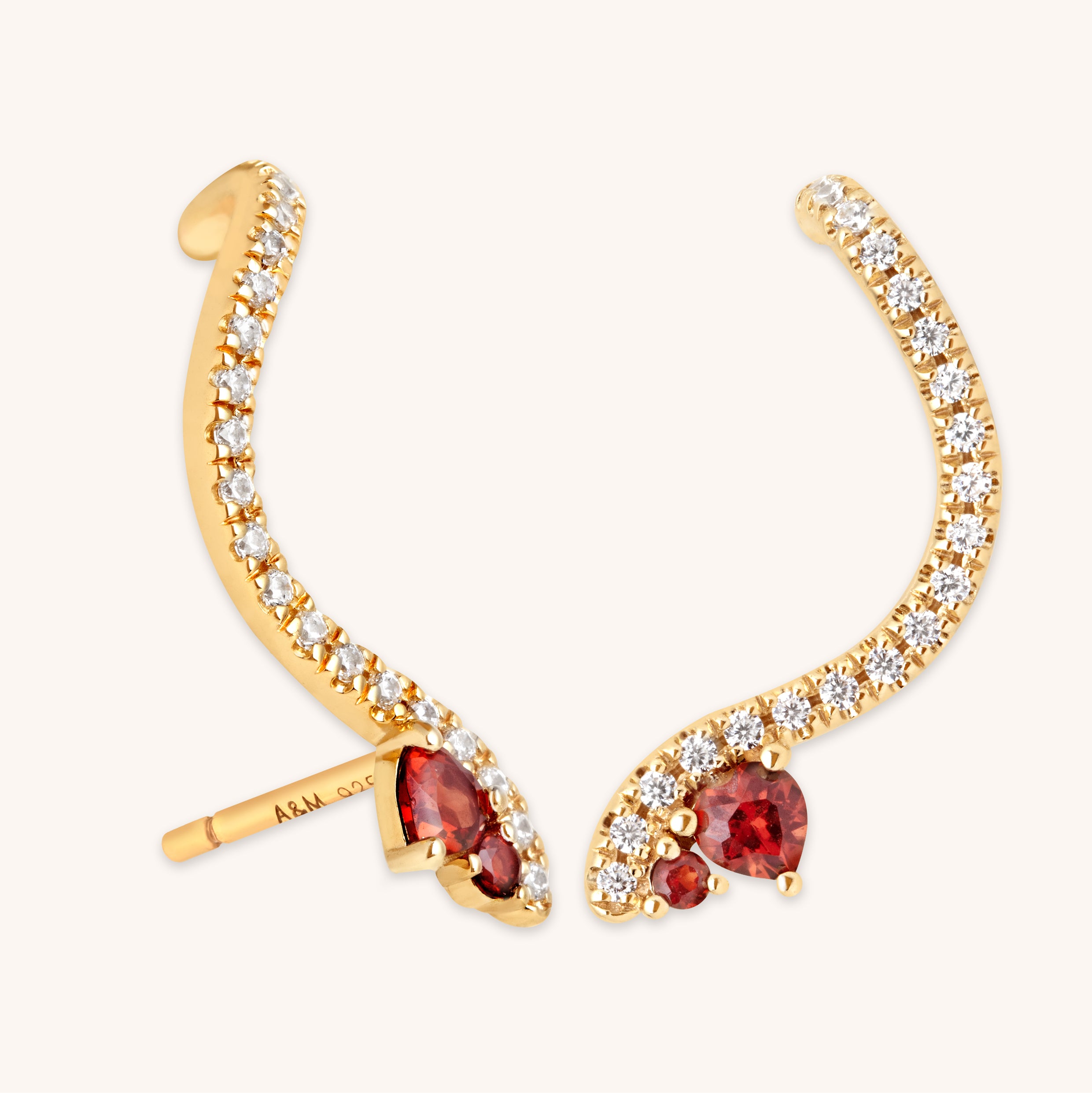 18k Gold Plated Jewellery - Garnet Serpent Climber Studs in Gold - Stud Earrings - Astrid & Miyu