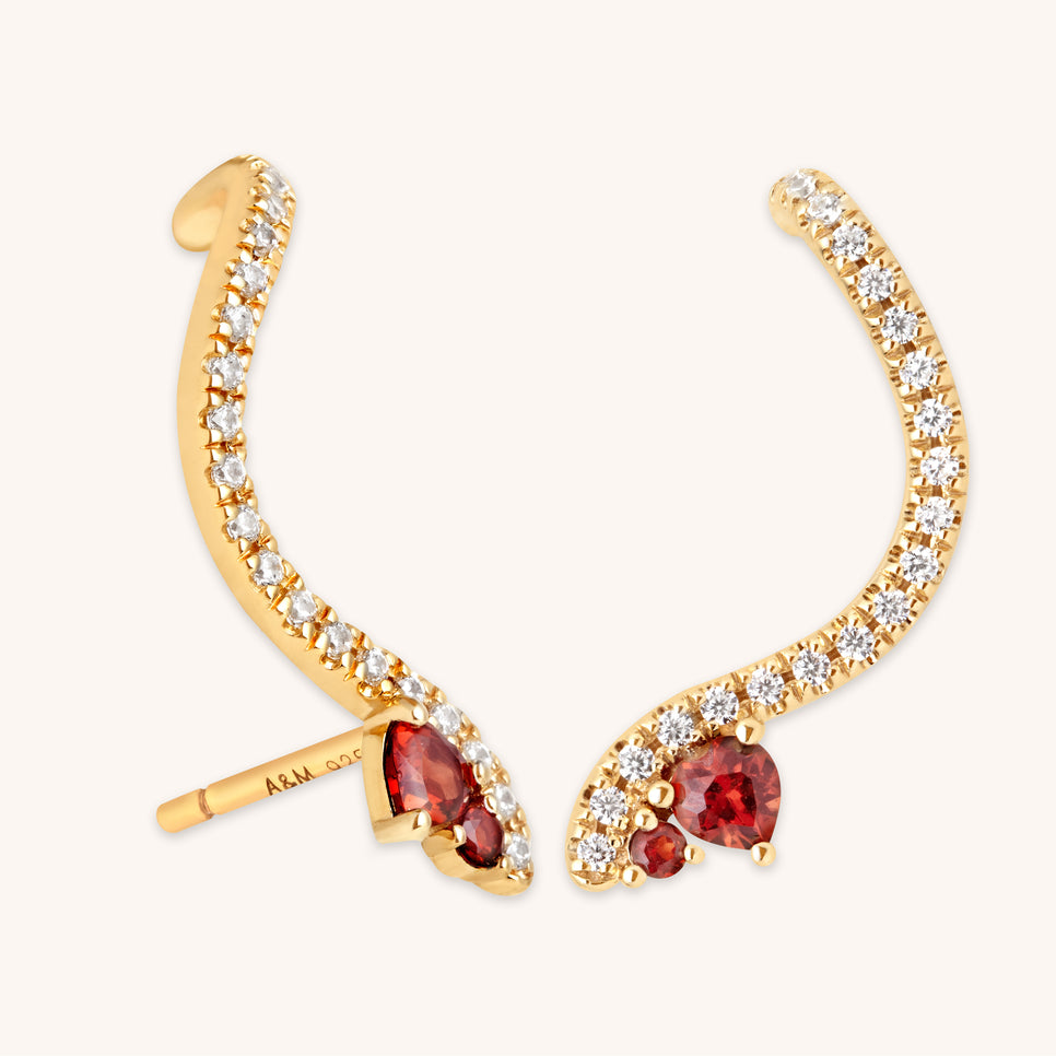 18k Gold Plated Jewellery - Garnet Serpent Climber Studs in Gold - Stud Earrings - Astrid & Miyu