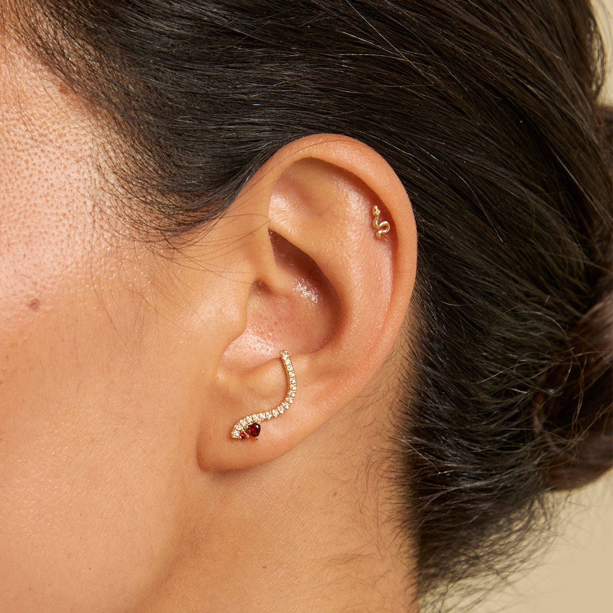 18k Gold Plated Jewellery - Garnet Serpent Climber Studs in Gold - Stud Earrings - Astrid & Miyu