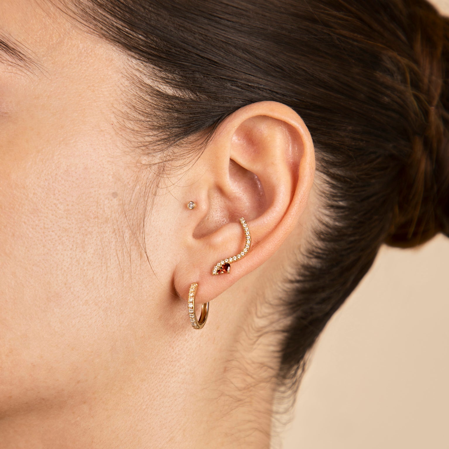18k Gold Plated Jewellery - Garnet Serpent Climber Studs in Gold - Stud Earrings - Astrid & Miyu