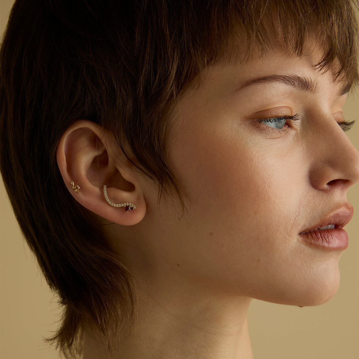 18k Gold Plated Jewellery - Garnet Serpent Climber Studs in Gold - Stud Earrings - Astrid & Miyu