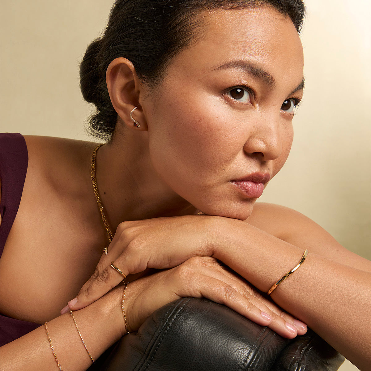 18k Gold Plated Jewellery - Garnet Serpent Climber Studs in Gold - Stud Earrings - Astrid & Miyu