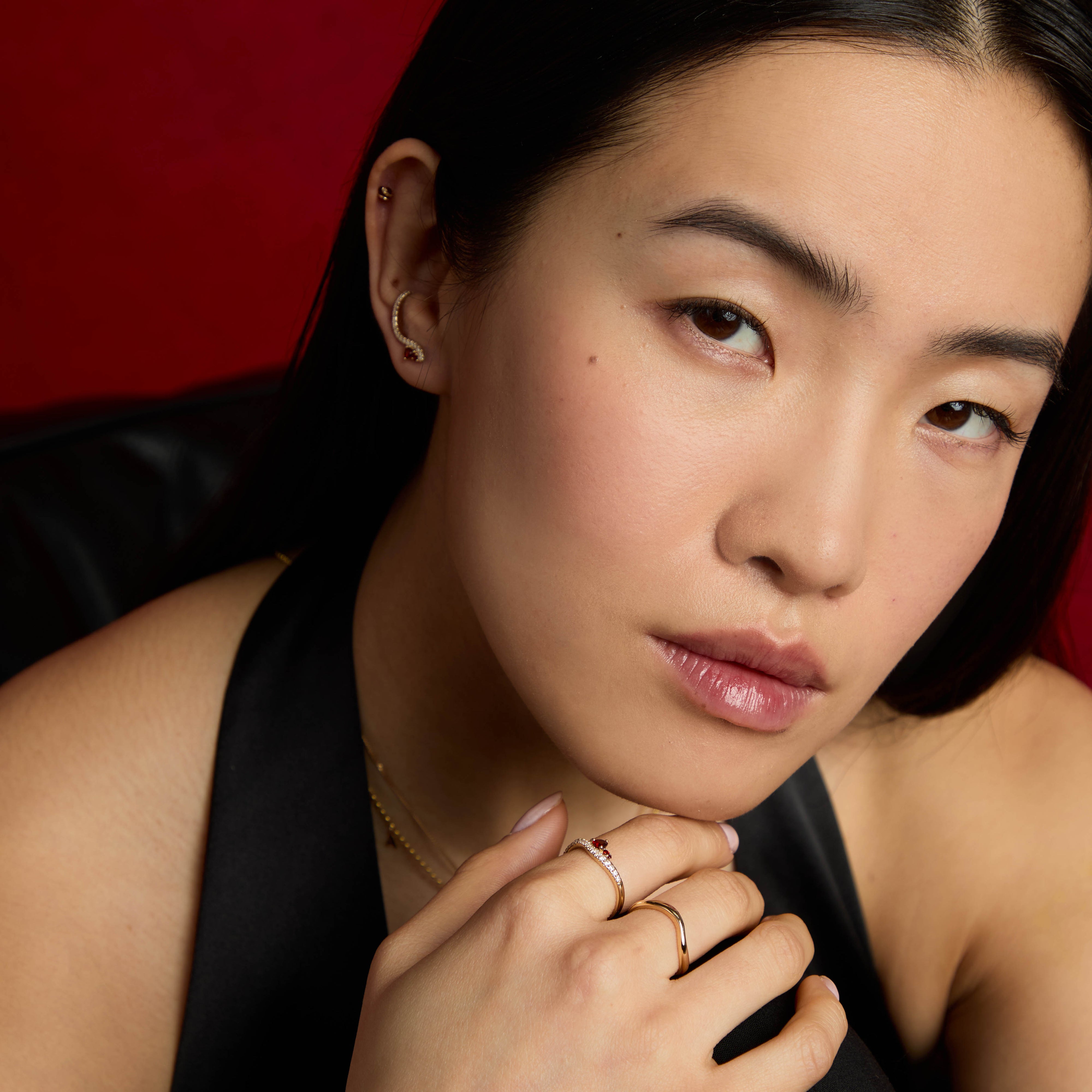 18k Gold Plated Jewellery - Garnet Serpent Climber Studs in Gold - Stud Earrings - Astrid & Miyu