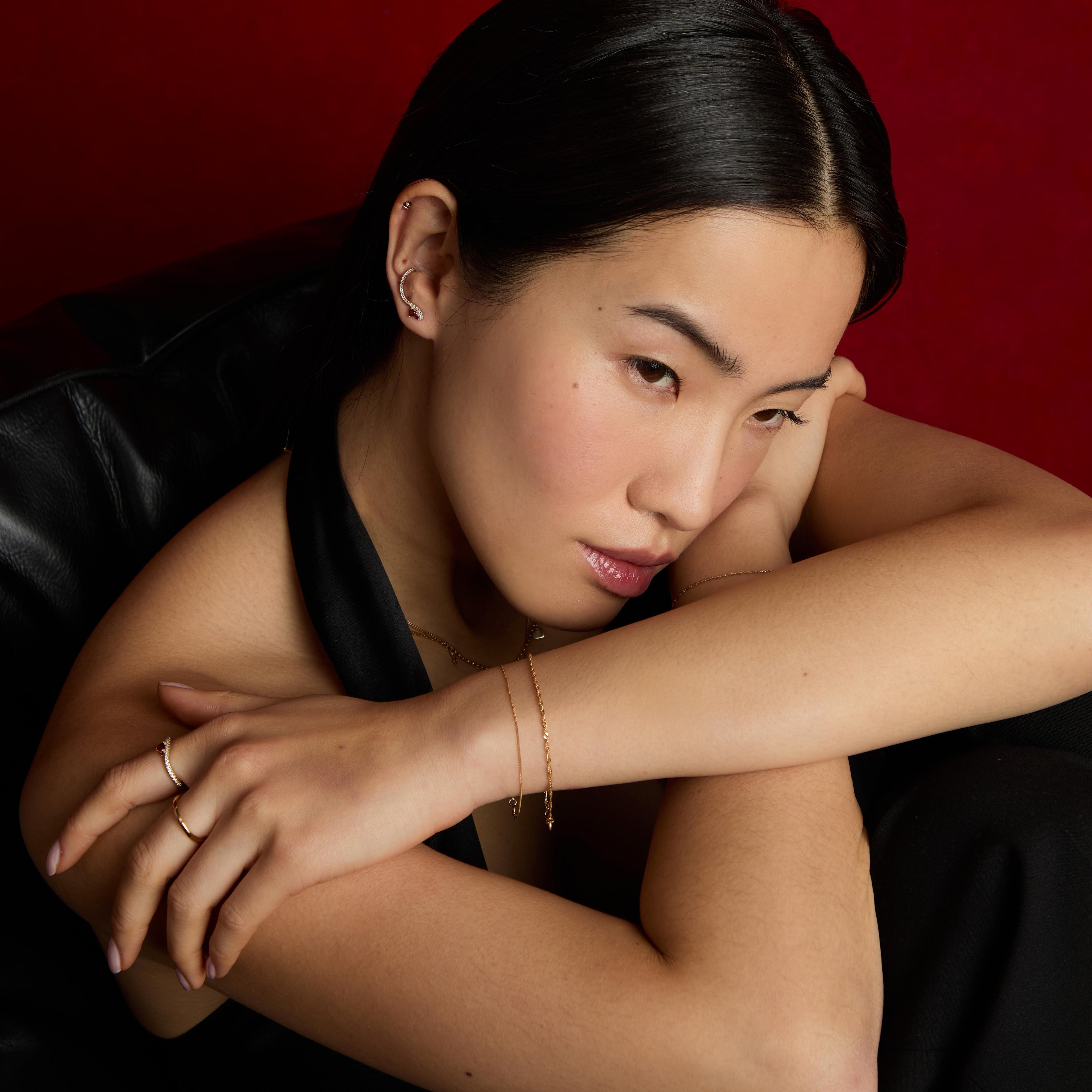 18k Gold Plated Jewellery - Garnet Serpent Climber Studs in Gold - Stud Earrings - Astrid & Miyu