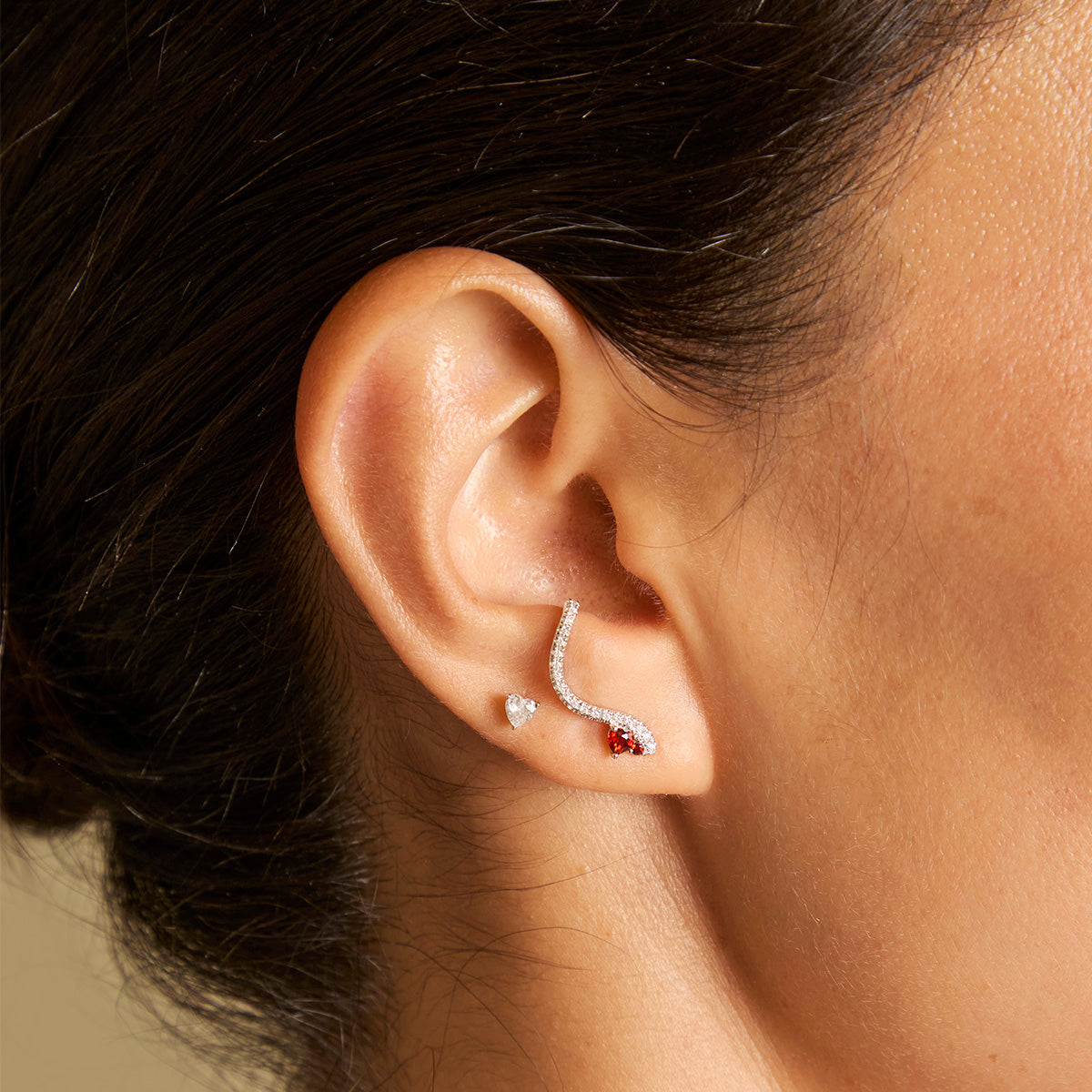 Climber Earrings - Garnet Serpent Climber Studs in Silver - Stud Earrings - Astrid & Miyu