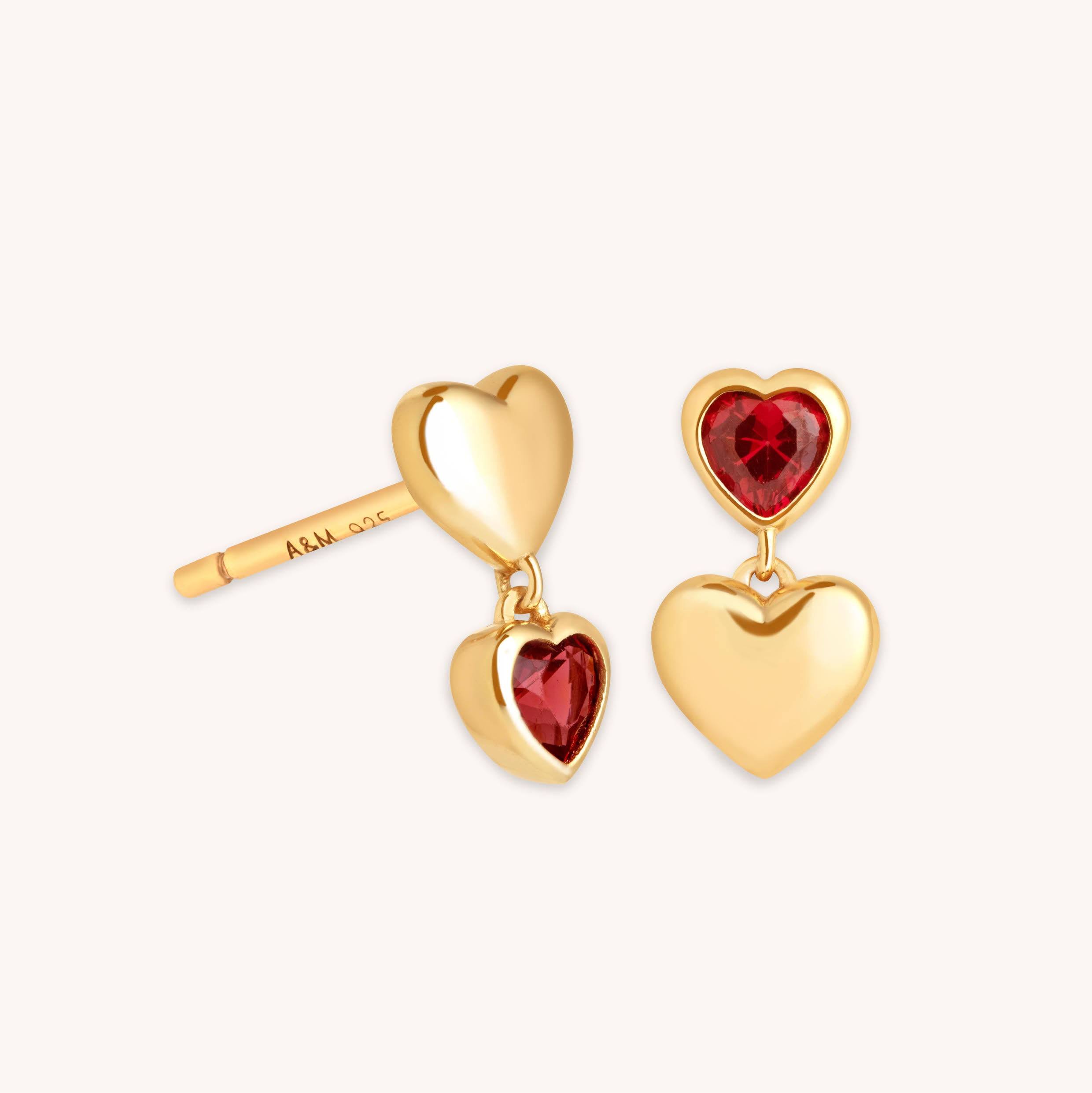 18k Gold Plated Jewellery - Red Heart Drop Studs in Gold - Stud Earrings - Astrid & Miyu