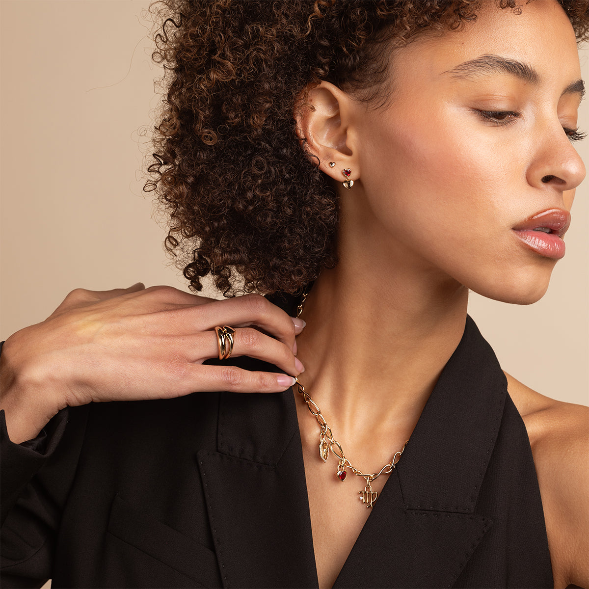 18k Gold Plated Jewellery - Red Heart Drop Studs in Gold - Stud Earrings - Astrid & Miyu