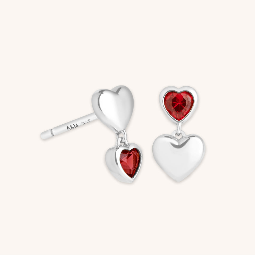 Earrings - Red Heart Drop Studs in Silver - Stud Earrings - Astrid & Miyu