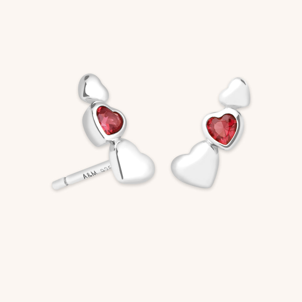 Climber Earrings - Red Heart Climber Studs in Silver - Stud Earrings - Astrid & Miyu