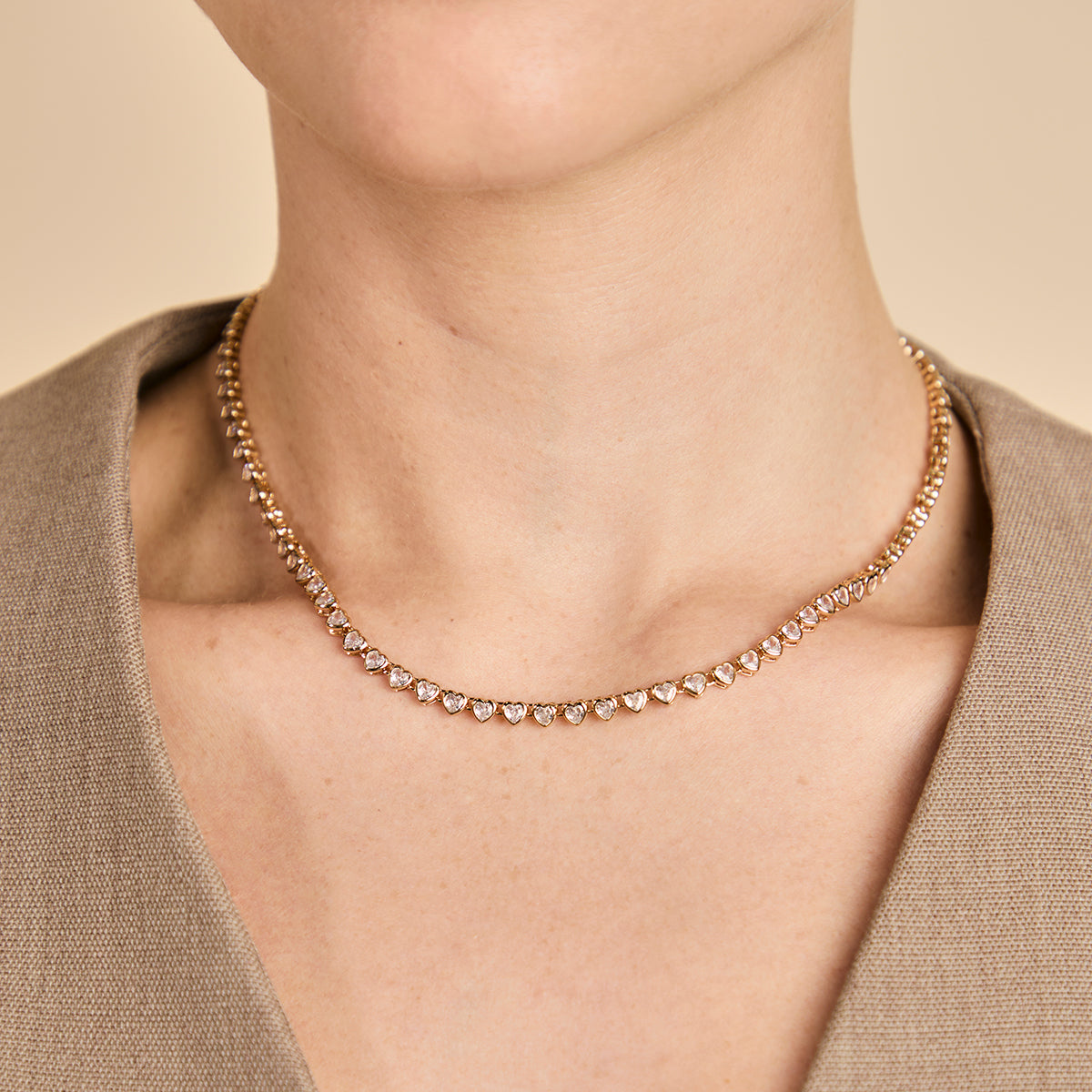 18k Gold Plated Jewellery - Heart Bezel Tennis Necklace in Gold - Necklaces - Astrid & Miyu