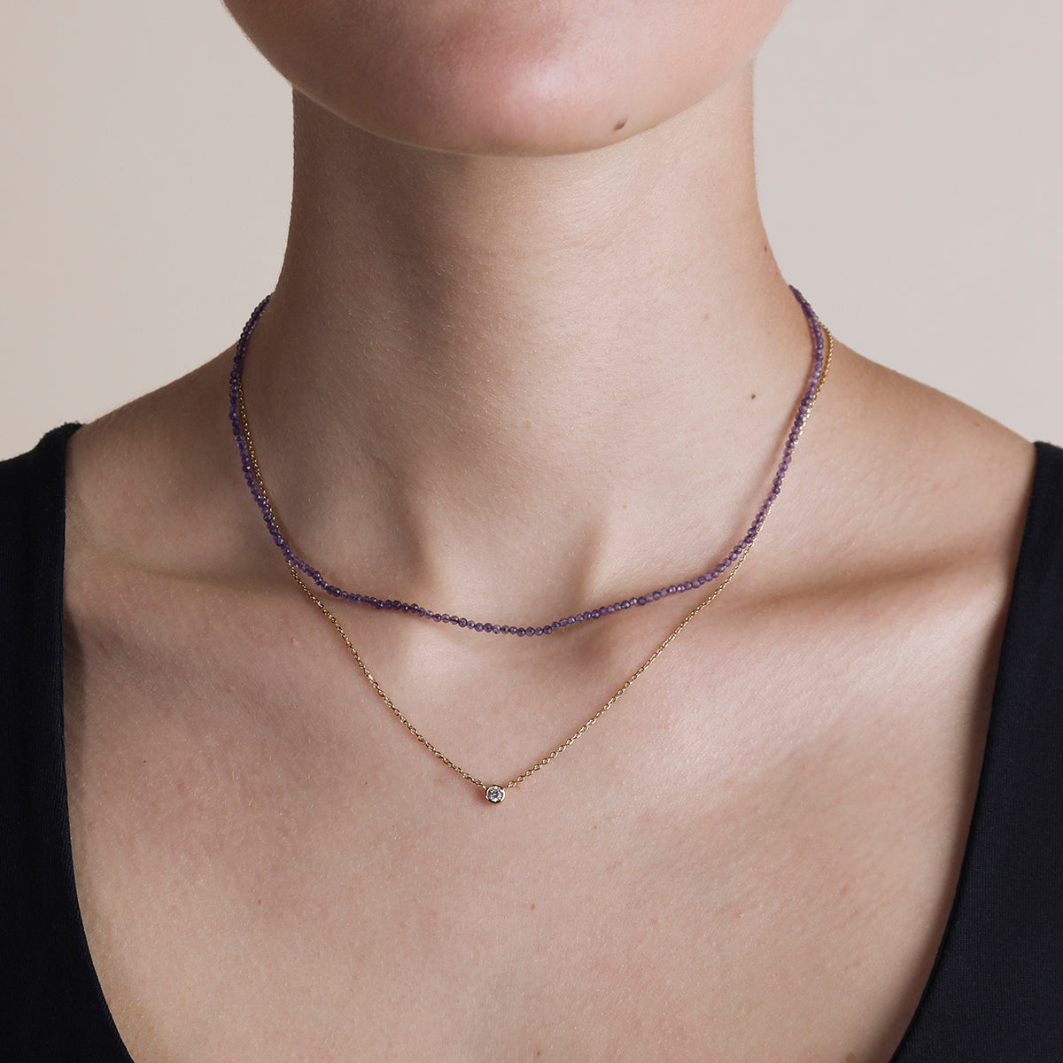Amethyst February Beaded Necklace in Solid Gold-Astrid & Miyu