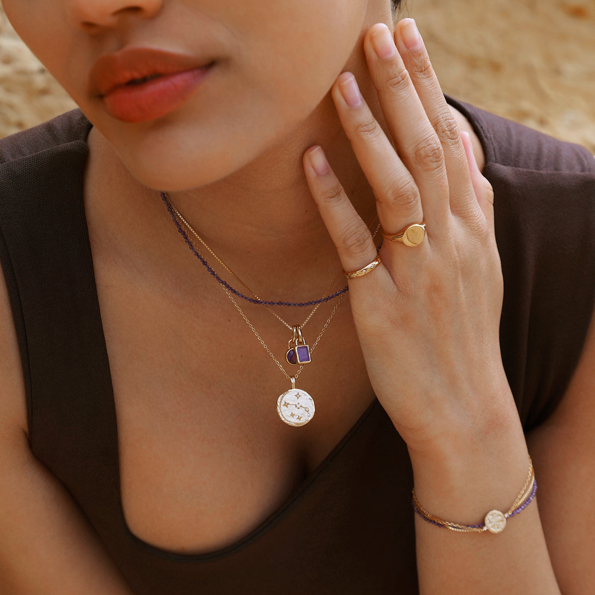 Amethyst February Beaded Necklace in Solid Gold-Astrid & Miyu