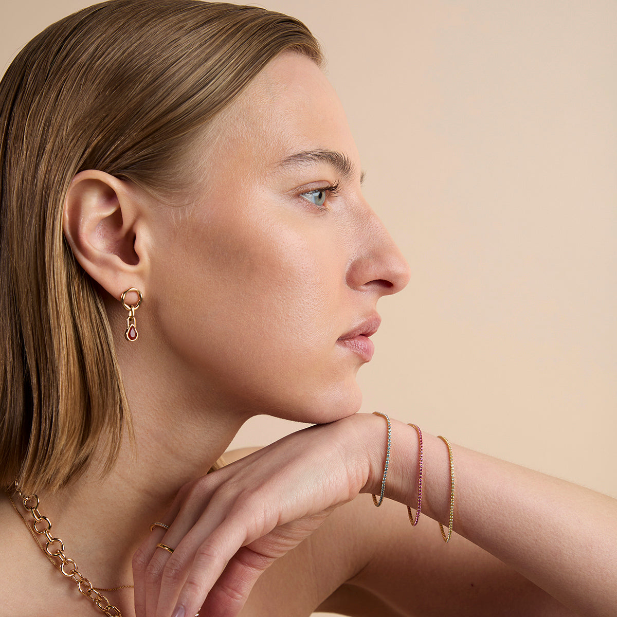 Pink Tennis Chain Bracelet in Gold-Astrid & Miyu