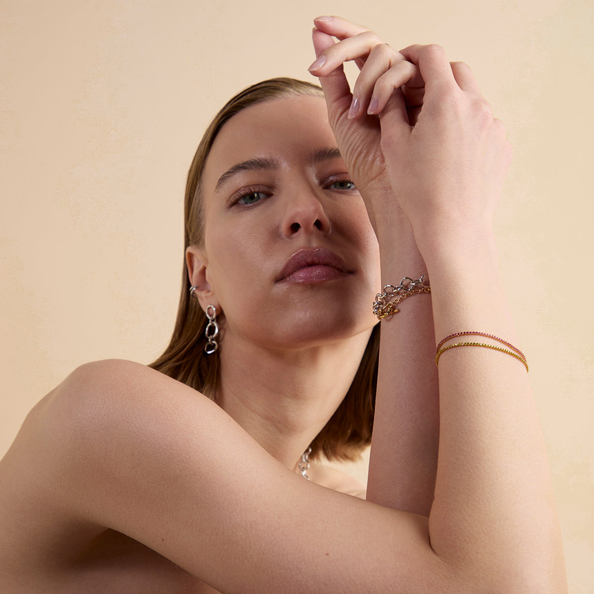 Pink Tennis Chain Bracelet in Gold-Astrid & Miyu