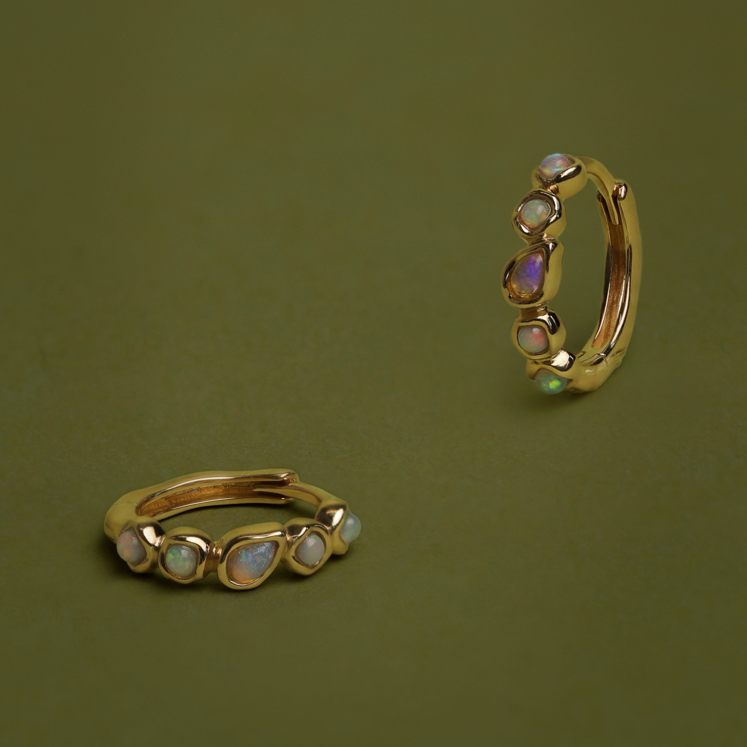 Opal Pear Bezel Huggies in Solid Gold-Astrid & Miyu