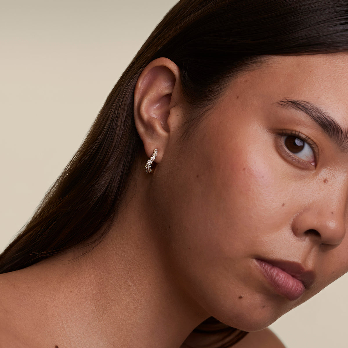 Wave Pavé Crystal Hoops in Gold
