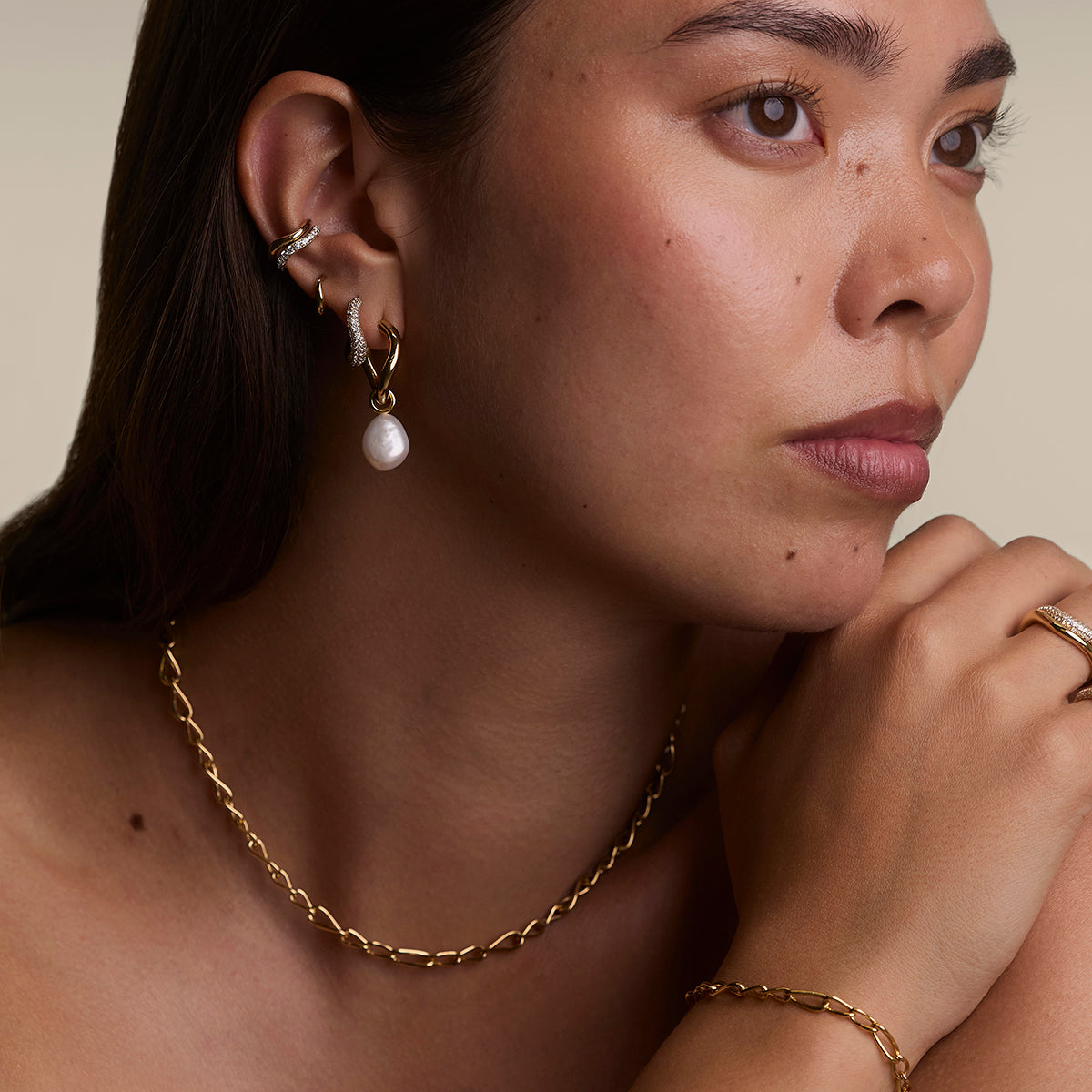 Wave Pavé Crystal Hoops in Gold