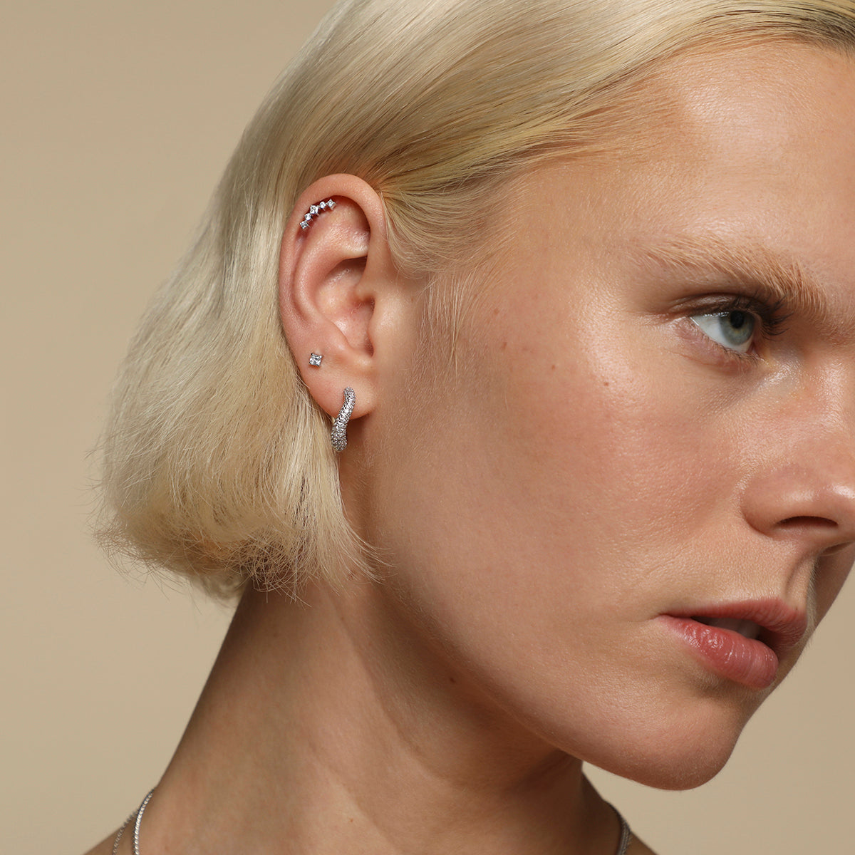 Curved Square Crystal Titanium Piercing Stud in Platinum-Astrid & Miyu