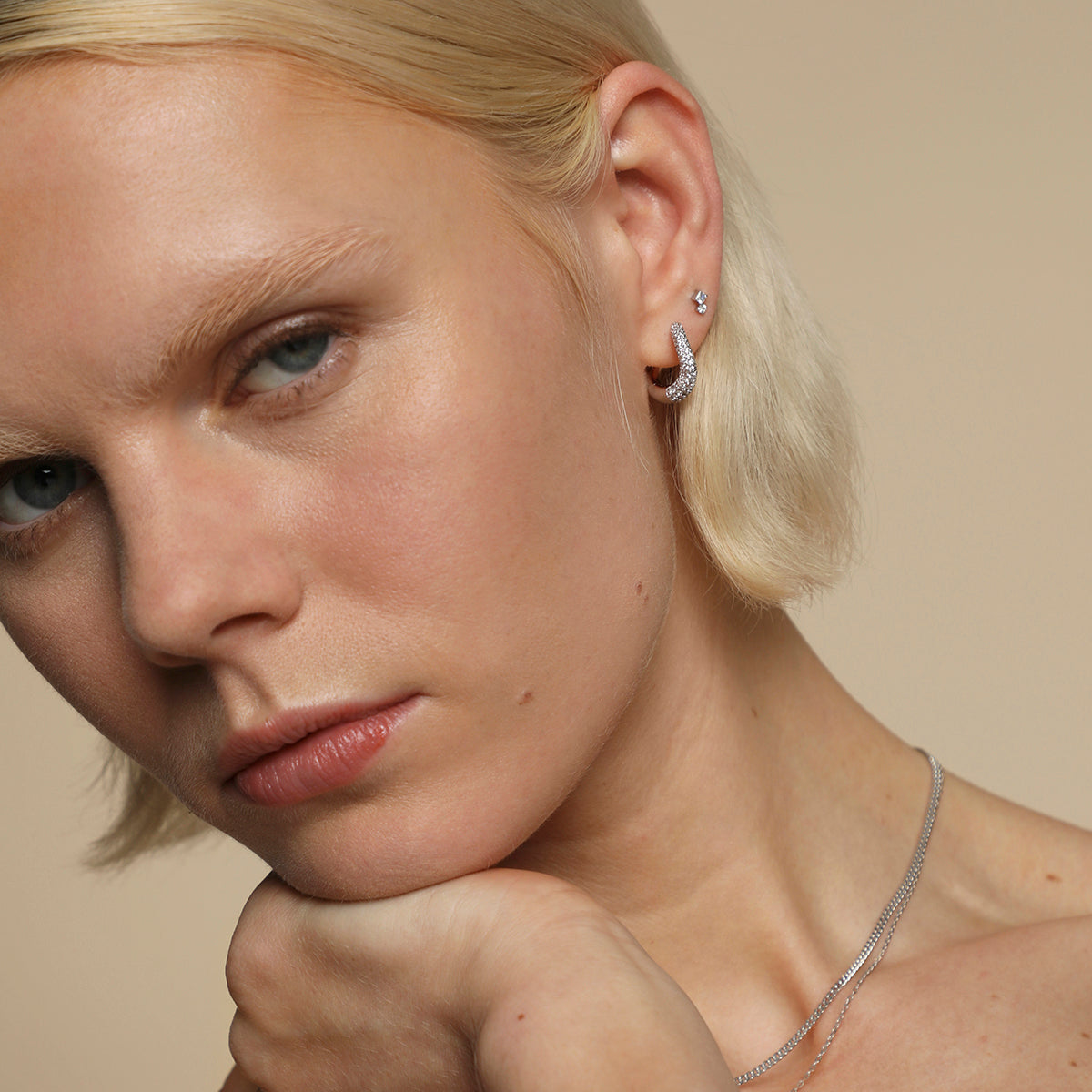 Square Crystal Double Titanium Piercing Stud in Platinum-Astrid & Miyu