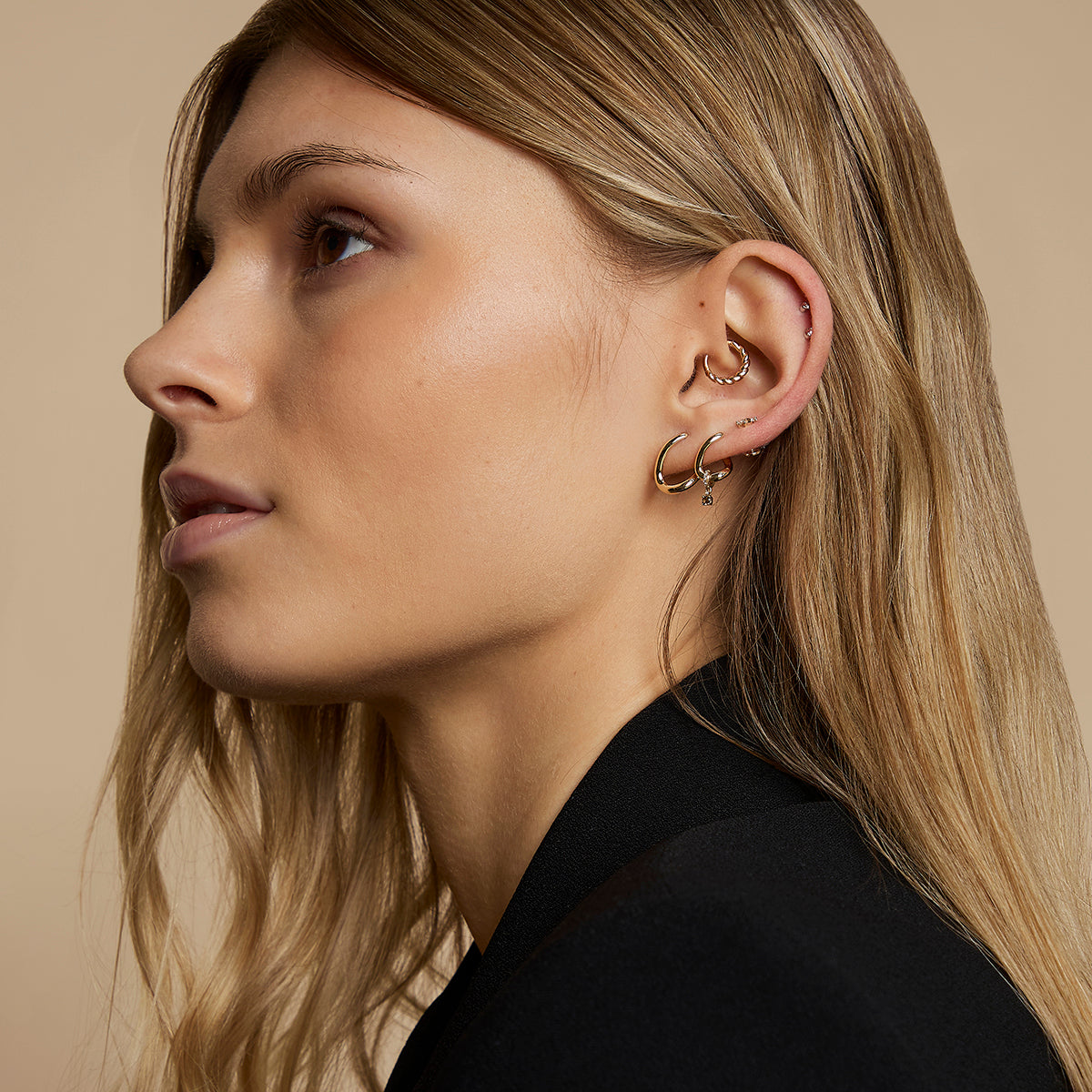 Diamond & Quartz Charm Molten Huggies in Solid Gold-Astrid & Miyu