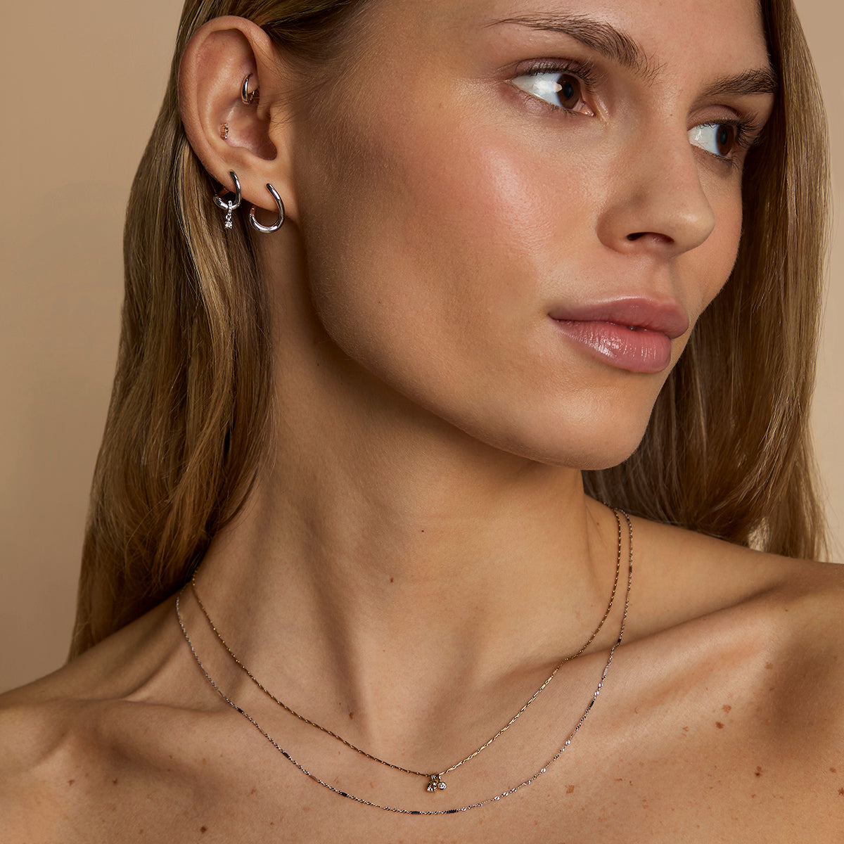 Diamond & Quartz Charm Molten Huggies in Solid White Gold-Astrid & Miyu