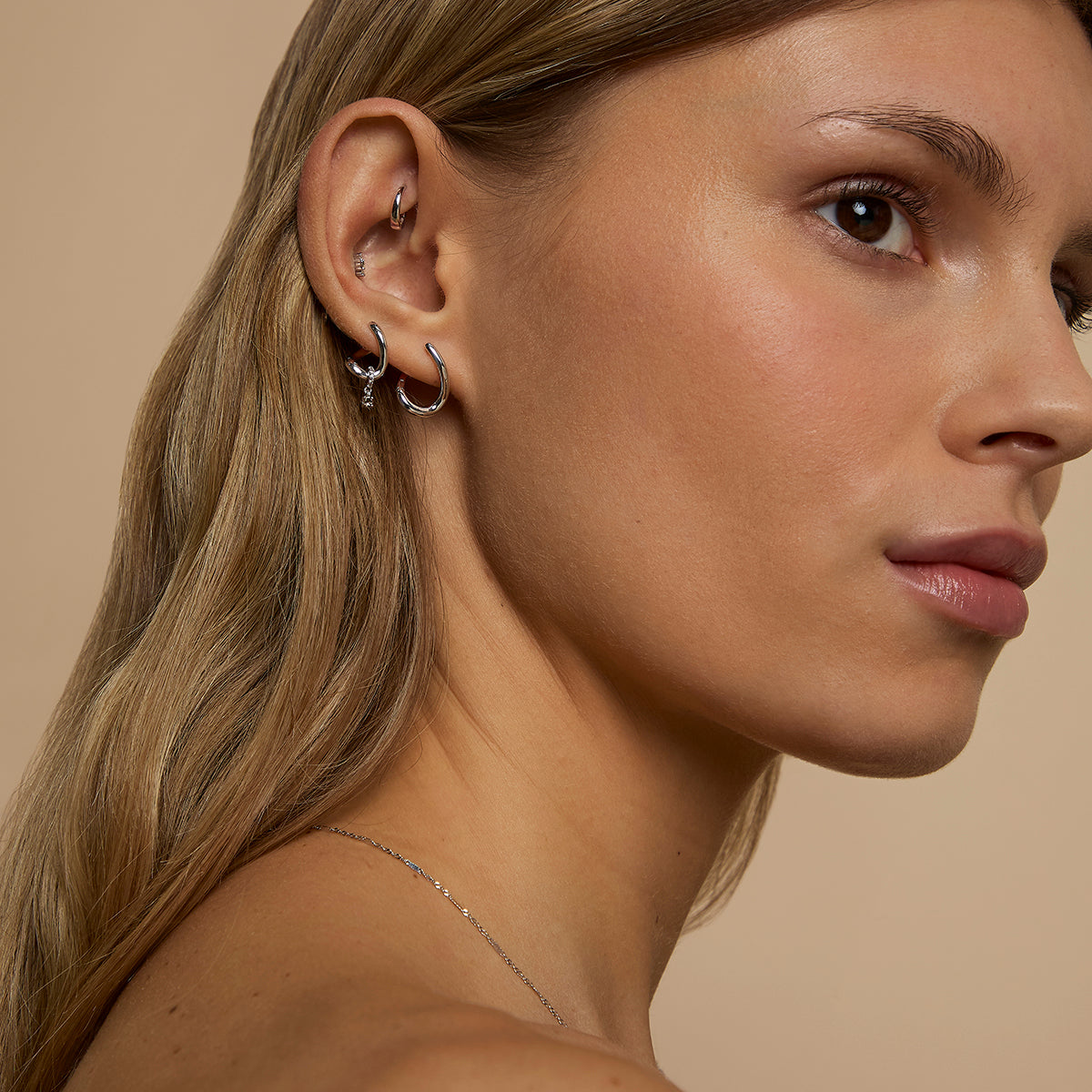 Diamond & Quartz Charm Molten Huggies in Solid White Gold-Astrid & Miyu