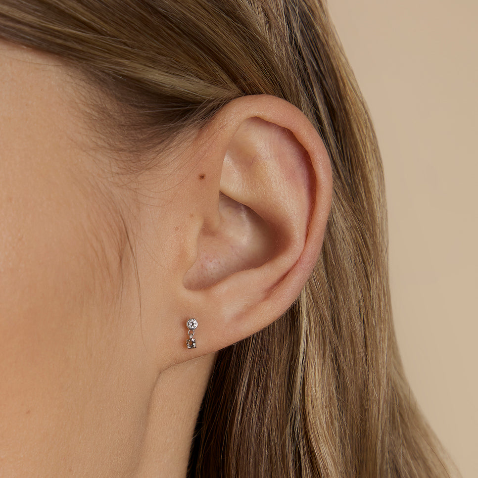 Diamond & Quartz Charm Studs in Solid White Gold-Astrid & Miyu