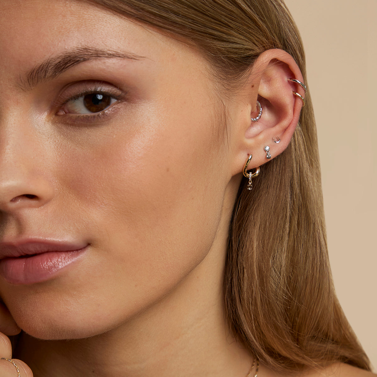 Diamond & Quartz Charm Studs in Solid White Gold-Astrid & Miyu