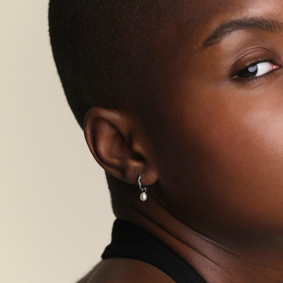 Scalloped Pearl Charm Huggies in Solid White Gold-Astrid & Miyu